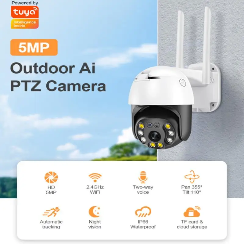 

IP-камера Tuya, 5 Мп, PTZ, Wi-Fi, 1080P, наружная, 4-кратный зум, ии, определение людей, автоматическое отслеживание, беспроводная, P2P