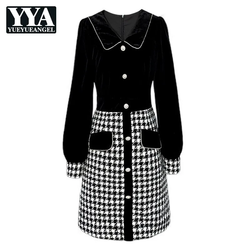 Autumn Winter Luxury Women Dress Velvet Spliced Houndstooth High Waist A-Line Short Skirt Sequins Rhinestone Buttons Office Lady
Autumn Winter Luxury Women Dress Velvet Spliced Houndstooth High Waist A-Line Short Skirt Sequins Rhinestone Buttons Office Lady