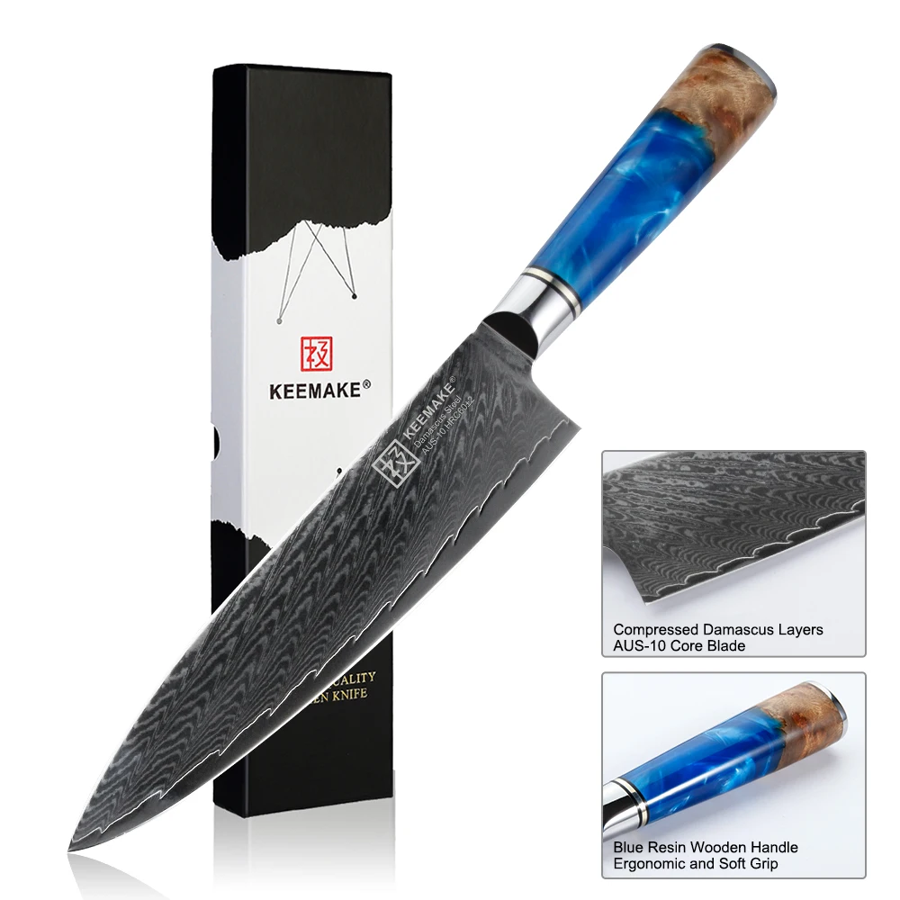 

Нож шеф-повара KEEMAKE Premium 8 дюймов, японское лезвие из дамасской быстрорежущей стали, кухонные ножи с синей ручкой из смолы, острые инструменты...