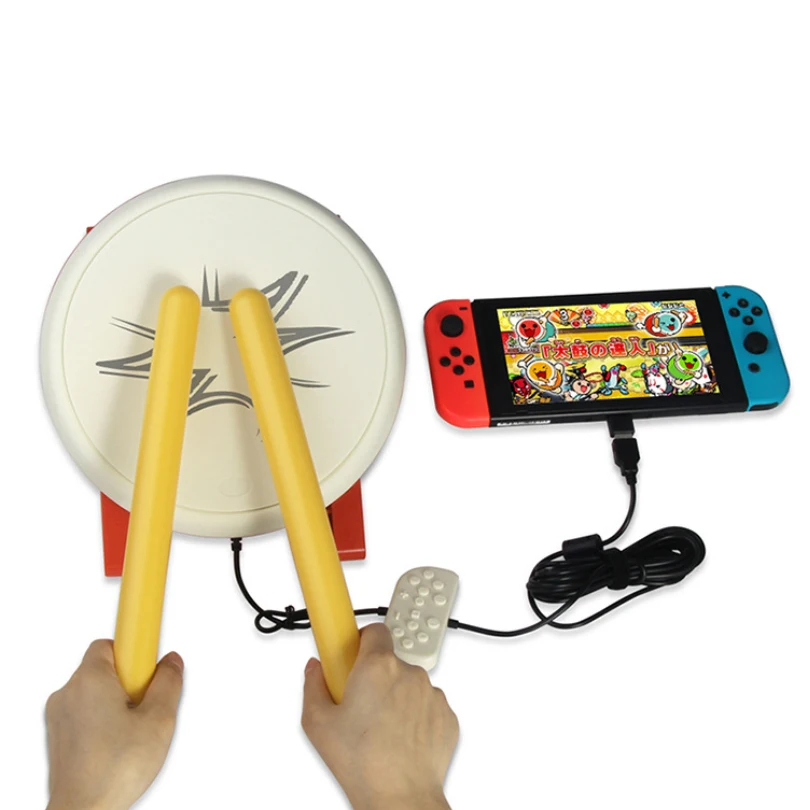 Игровой барабан Taiko Drum JoyCon для Nintendo Switch с аксессуарами для видеоигр No Tatsujin и барабанными палочками.