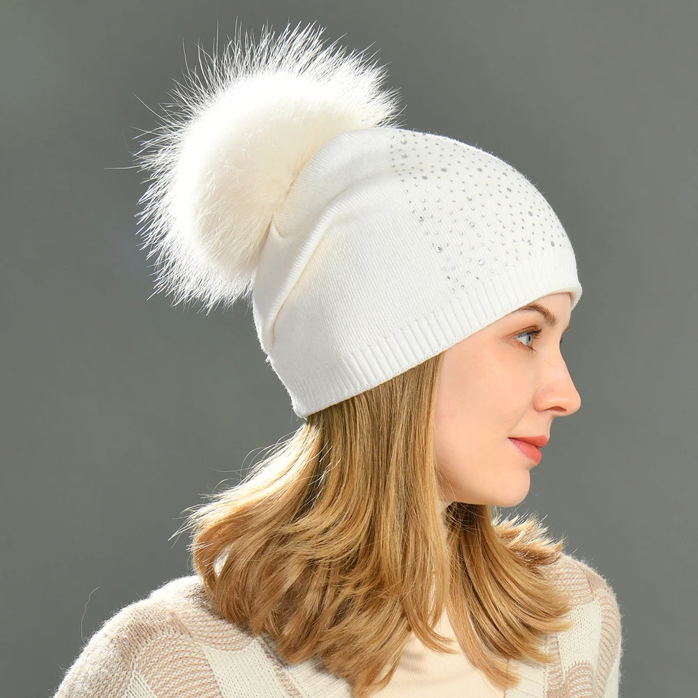 Женская шапка с помпоном из натурального меха женская простая теплая вязаная