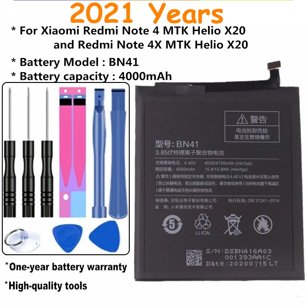 2021 Years High Capacity 4000mAh BN41 Battery For Xiaomi Redmi Note 4 / 4X MTK Helio X20 Phone Battery + Tools
2021 Years High Capacity 4000mAh BN41 Battery For Xiaomi Redmi Note 4 / 4X MTK Helio X20 Phone Battery + Tools