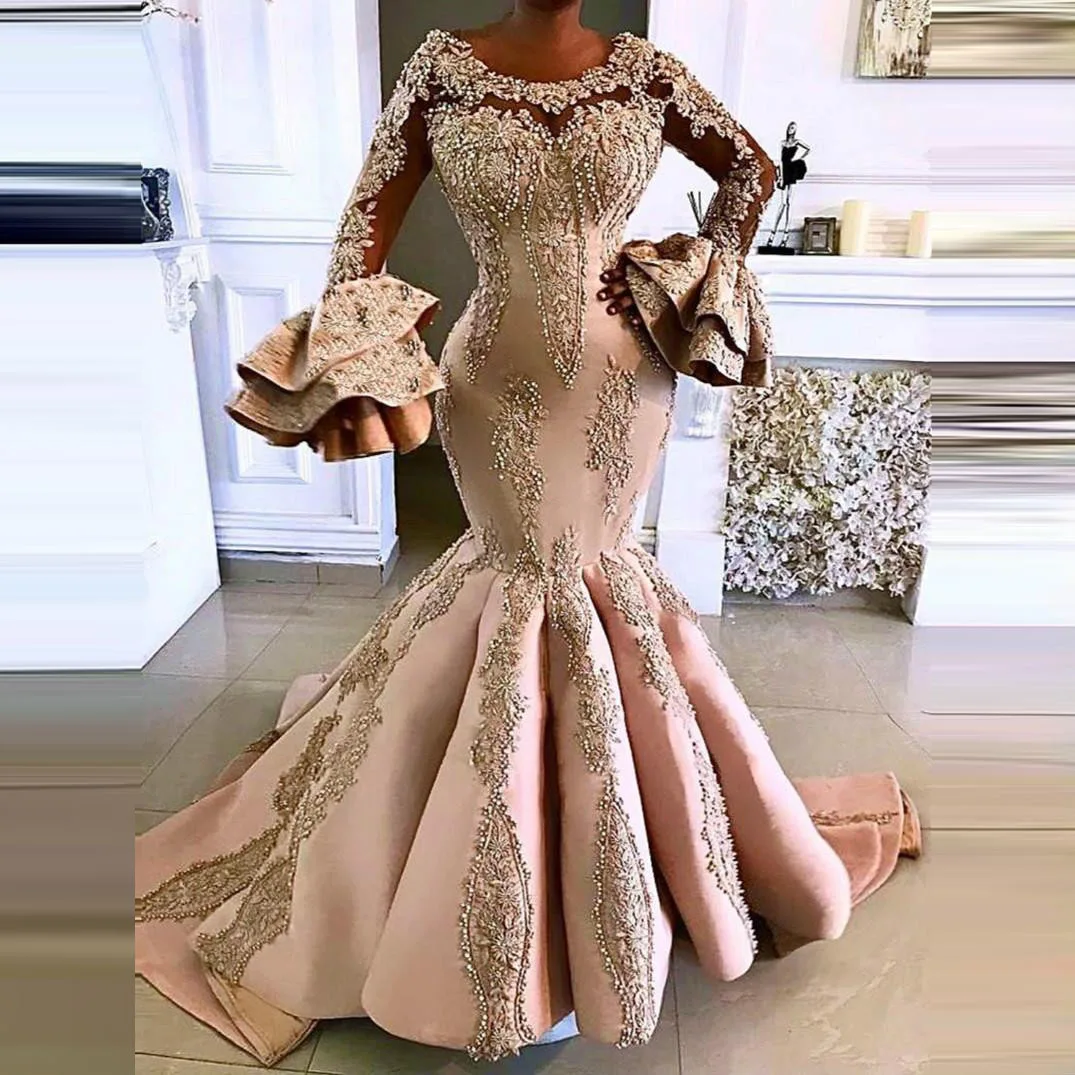 

African Evening Dresses Long Sleeves Tiered Applique Lace Beads Sequins Plus Size Prom Dress Mermaid Aso Ebi Dubai Vestidos