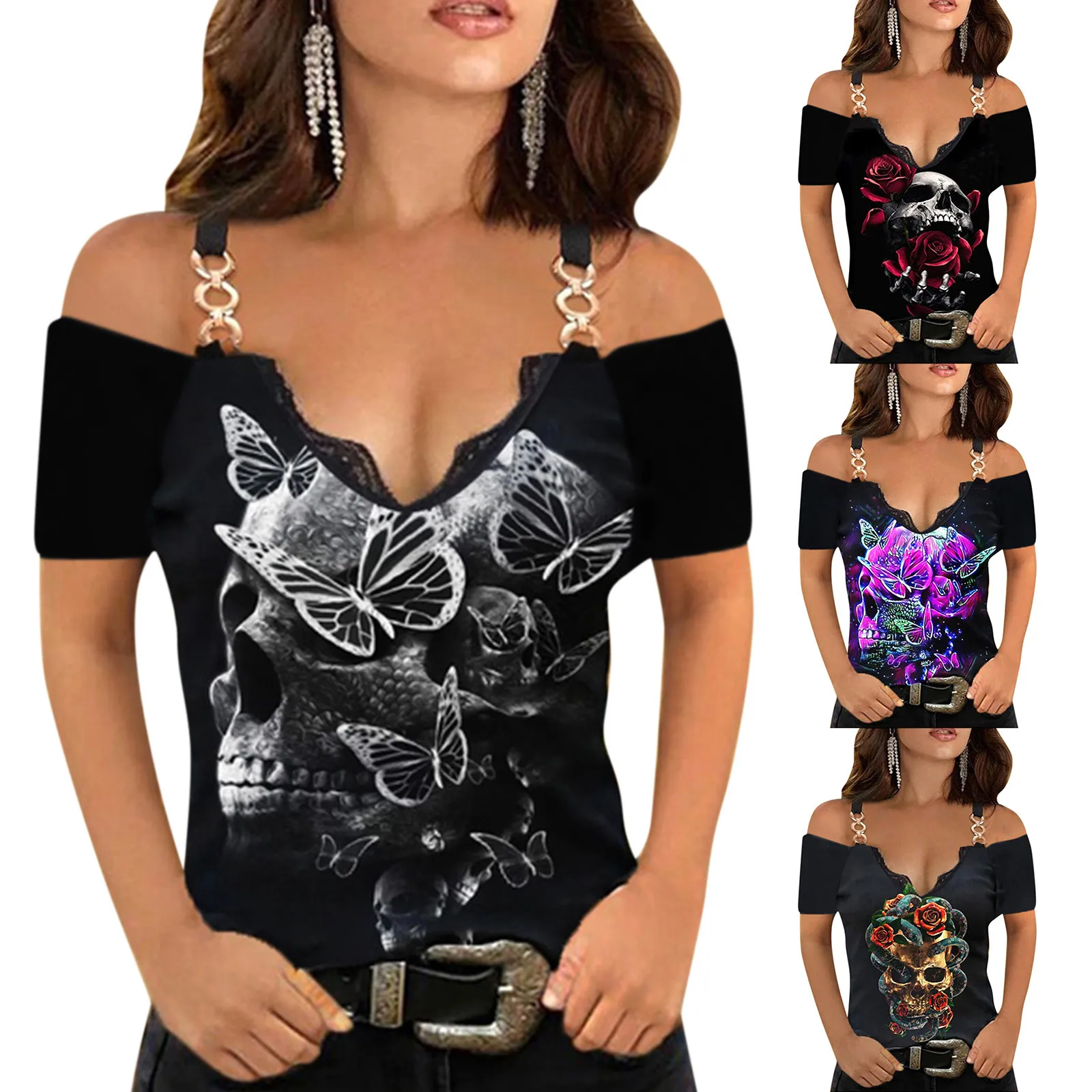Ladies Lace Sexy V-neck Chain T-Shirts Mujer Tops women's casual skull print short sleeve top Sexy suspender Camisetas Blouses 
Ladies Lace Sexy V-neck Chain T-Shirts Mujer Tops women's casual skull print short sleeve top Sexy suspender Camisetas Blouses