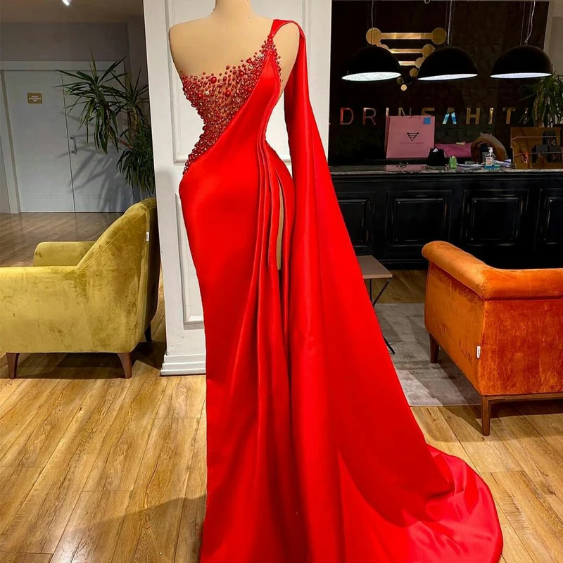 

Сексуальное Красное платье-Русалка на одно плечо, с бисером, со шлейфом, для выпускного вечера, вечернее платье с кристаллами, конкурсная Од...