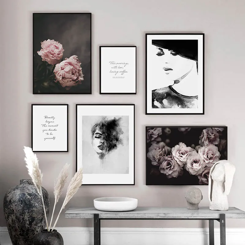 Фото Цветочный холст настенный плакат скандинавский стиль модный принт розы черная