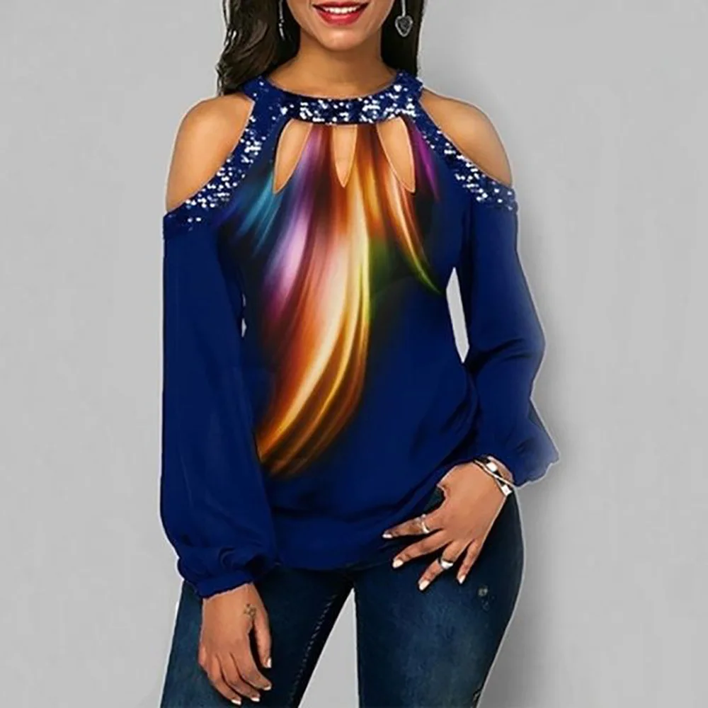 Shoulder round neck print sequin spliced feather long sleeves spring and autumn fashion T - shirt 2021
Shoulder round neck print sequin spliced feather long sleeves spring and autumn fashion T - shirt 2021