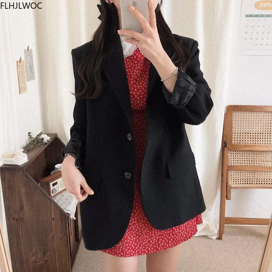 Женский Однобортный блейзер с длинным рукавом, Повседневная элегантная однотонная черная офисная куртка для работы, Осень-зима 2020