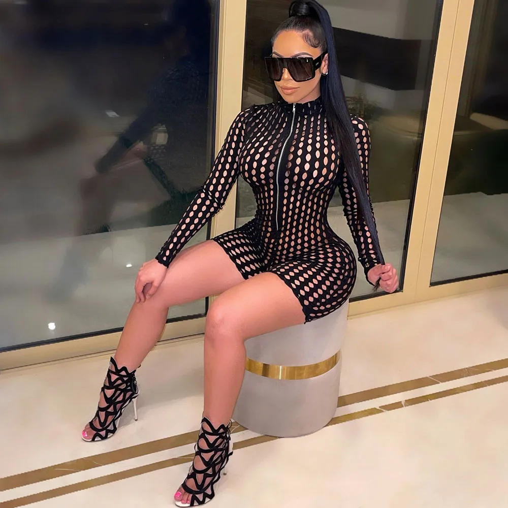 Sexy Sheer Hollow Out Zipper Playsuit Women Long Sleeve Net Plaid Hole Skinny Elastic Party Club Bodycon Rompers Short Femme 
Sexy Sheer Hollow Out Zipper Playsuit Women Long Sleeve Net Plaid Hole Skinny Elastic Party Club Bodycon Rompers Short Femme