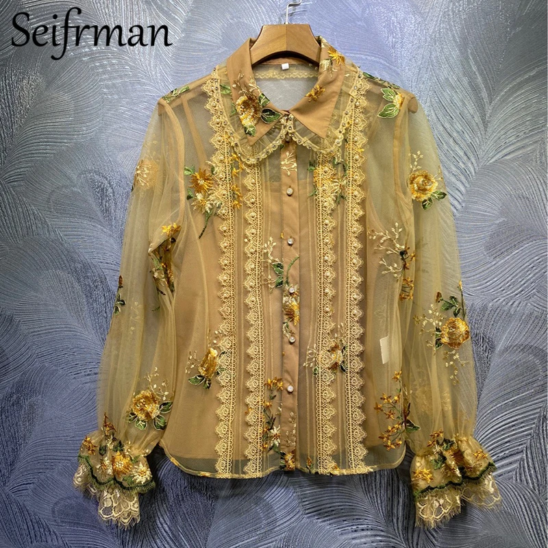 Seifrmann New 2021 Summer Women Fashion Designer Shirts Flare Sleeve Gorgeous Crystal Beading Embroidery Mesh Cardigan Blouses
Seifrmann New 2021 Summer Women Fashion Designer Shirts Flare Sleeve Gorgeous Crystal Beading Embroidery Mesh Cardigan Blouses