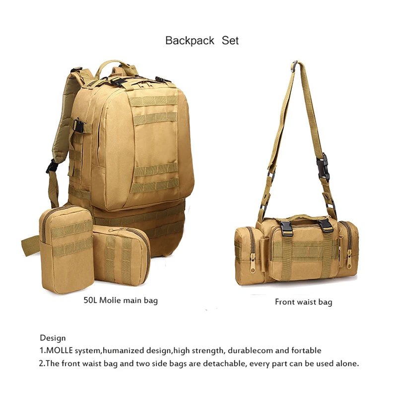 50L Tactical Backpack 4 in 1 Military Bags Army Rucksack Backpack Molle Outdoor Sport Bag Men Camping Hiking Travel Climbing Bag 
50L Tactical Backpack 4 in 1 Military Bags Army Rucksack Backpack Molle Outdoor Sport Bag Men Camping Hiking Travel Climbing Bag