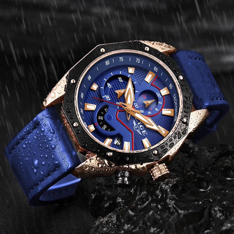 LIGE New Mens Watches Top Brand Luxury Business Quartz Watch For Men Blue Leather Waterproof Sport Chronograph Relogio Masculino | Наручные