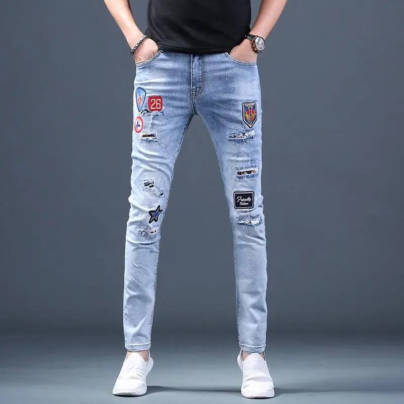 Korea Version Men’s Ripped Blue Jeans, High Quality Slim Stretch Jeans,Light Luxury Patches Embroidery Jeans, Sexy Street Jeans;
Korea Version Men’s Ripped Blue Jeans, High Quality Slim Stretch Jeans,Light Luxury Patches Embroidery Jeans, Sexy Street Jeans;