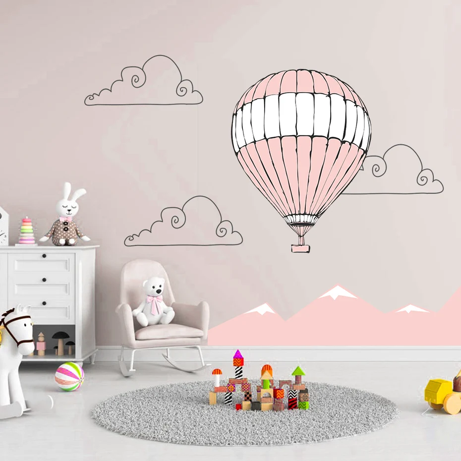 Large Pink Mountain Hot Air Balloon Removable Wall Decals Nursery Girls Art Stickers Wallpaper Posters Bedroom Gift Home Decor | Дом и сад