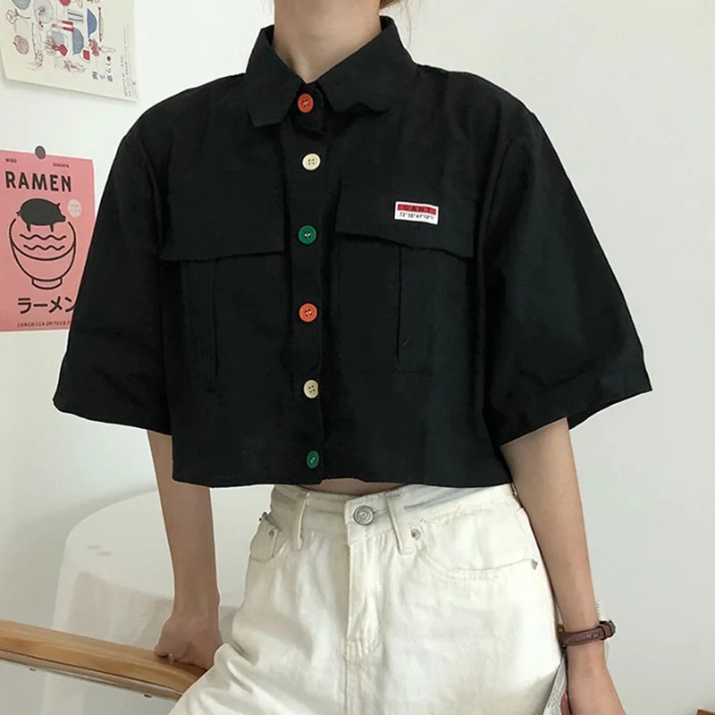 Women's High Street Style Appliques Short Blouses Turn-down Collar Short Sleeve Buttons Loose Single Breasted Blouse
Women's High Street Style Appliques Short Blouses Turn-down Collar Short Sleeve Buttons Loose Single Breasted Blouse