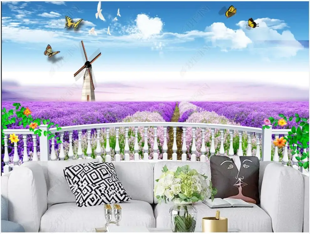 

custom mural 3d photo wallpaper Balcony windows lavender blue sky white clouds butterfly Wallpaper for walls in rolls home decor