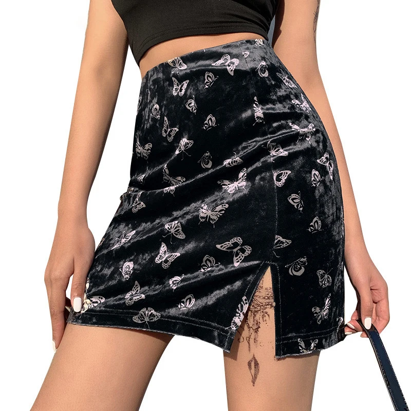 AIIOU 2021 Women Black Punk Skirt Vintage Butterflies Print High Waist Soft Velvet Skirt Black Sexy Side Split Lady Short Skirt
AIIOU 2021 Women Black Punk Skirt Vintage Butterflies Print High Waist Soft Velvet Skirt Black Sexy Side Split Lady Short Skirt