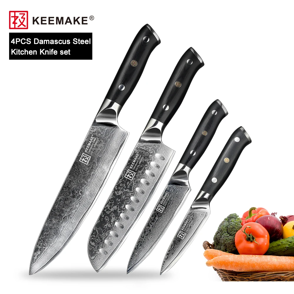 

Набор кухонных ножей KEEMAKE, универсальный нож сантоку из дамасской стали VG10, с острым лезвием, Ручка G10, 4 шт.