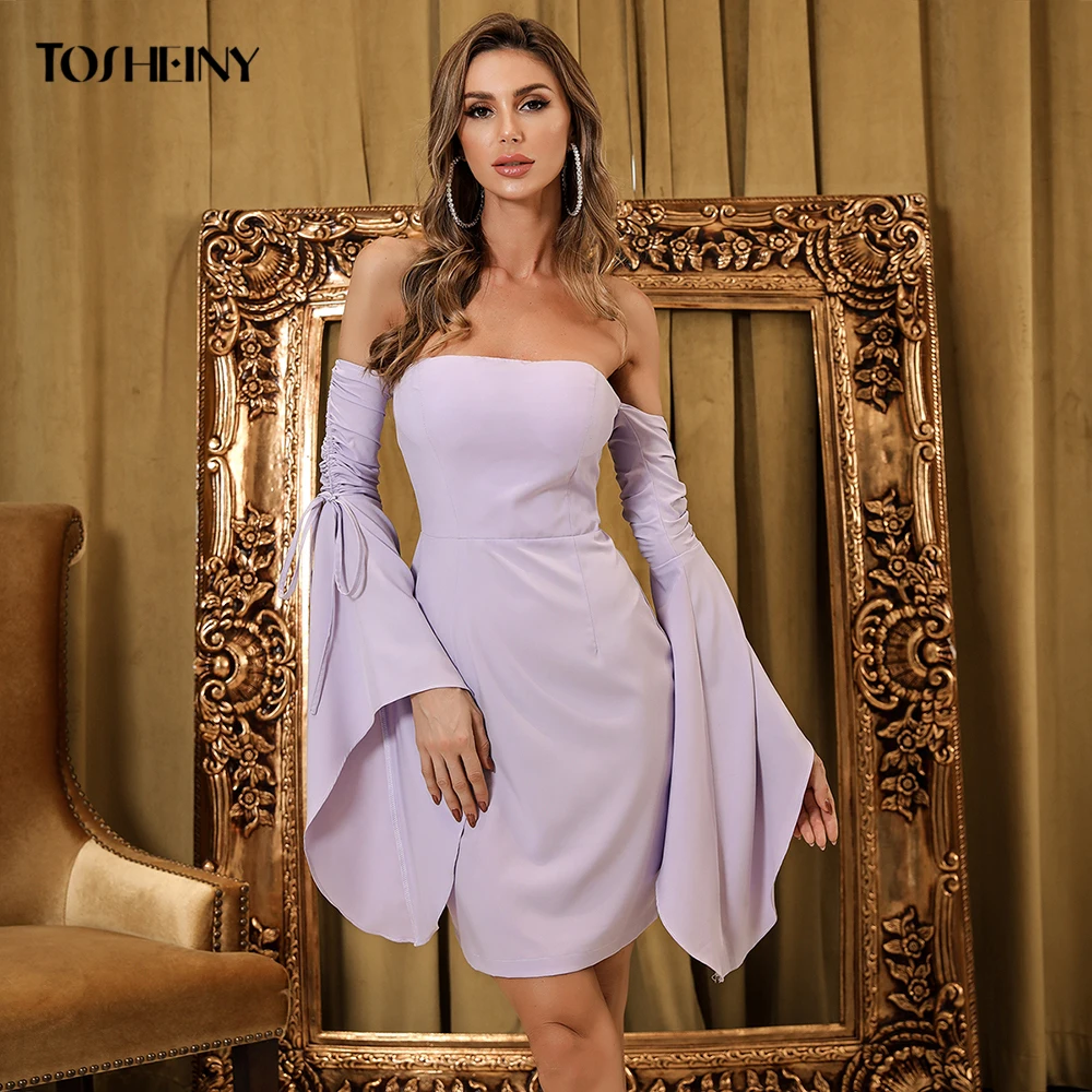 Tosheiny 2021 Mini Off Shoulder Sexy Flare Sleeve Purple Dress Bodycon Backless Short Party Elegant Dresses Solid Color M01037
Tosheiny 2021 Mini Off Shoulder Sexy Flare Sleeve Purple Dress Bodycon Backless Short Party Elegant Dresses Solid Color M01037