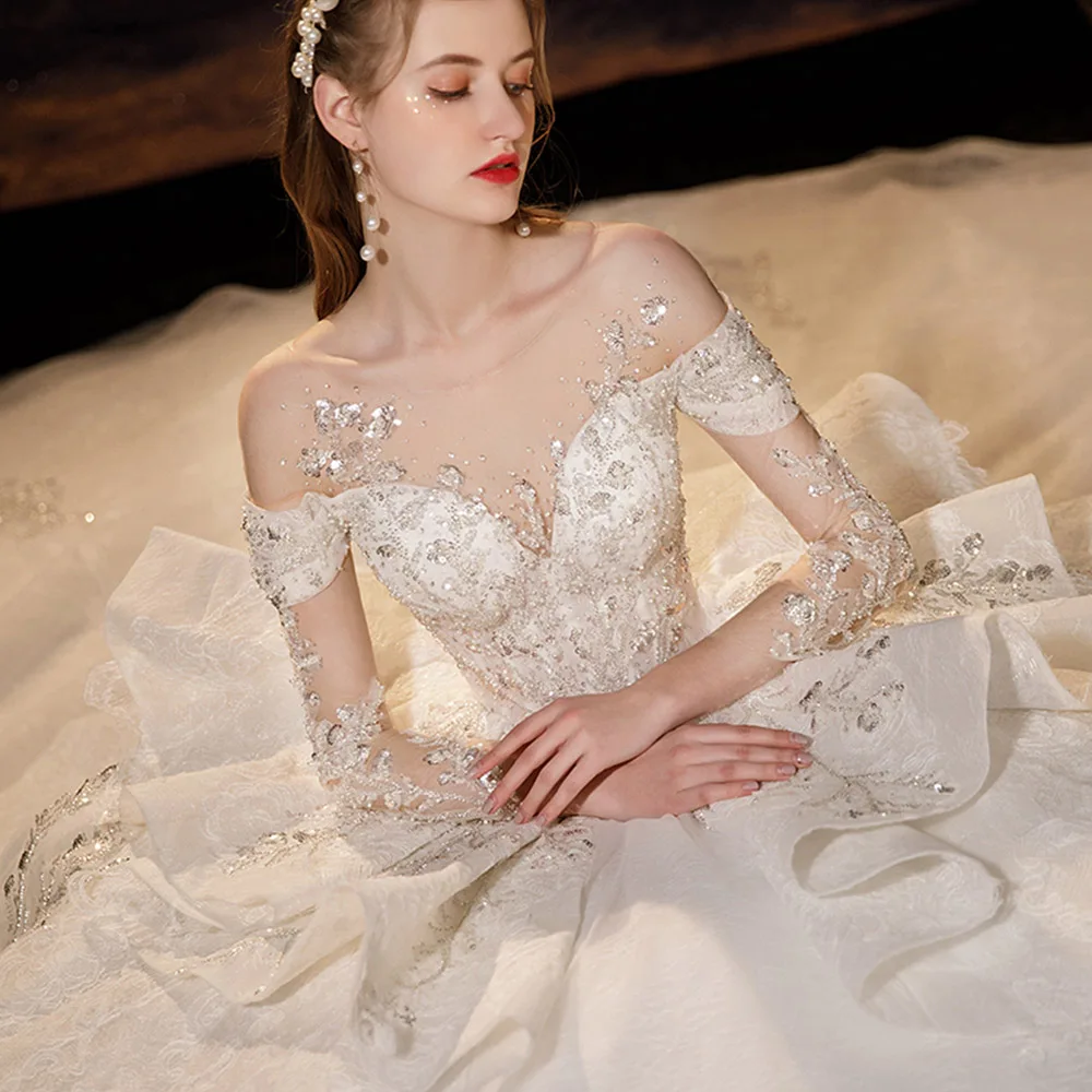 New Arrivals O-Neck Three Quarter Sleeve Sparkly Beading Crystal Tulle Lace Gorgeous Ball Gown Wedding Dress Plus Size Mariage | Свадьбы и