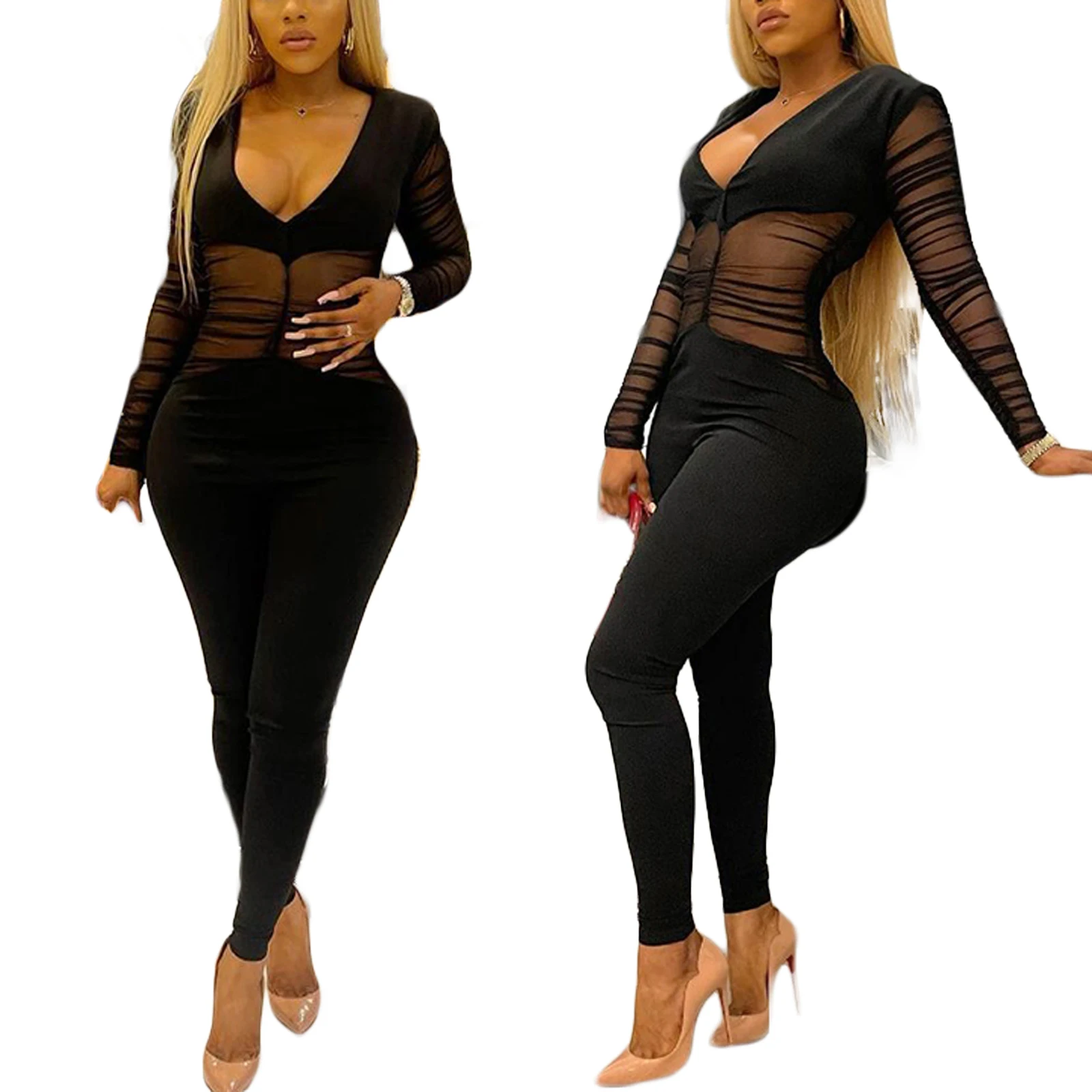 

hirigin New Fashion Women Close-fitting Jumpsuit Black Solid Color Long Sleeve Plunging Neckline See-through Mesh Sexy Overalls