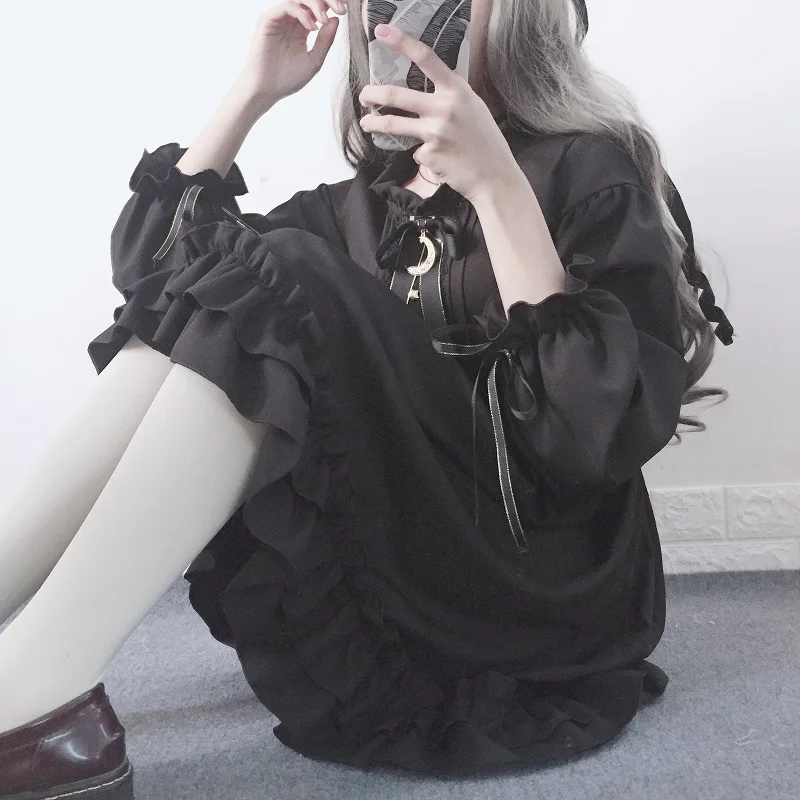 2021 Japanese Gothic Summer Chiffon Dress Women Vintage Bow Bandage Ruffle Black Lolita Dresses Vestidos Robe Femme 21664 
2021 Japanese Gothic Summer Chiffon Dress Women Vintage Bow Bandage Ruffle Black Lolita Dresses Vestidos Robe Femme 21664