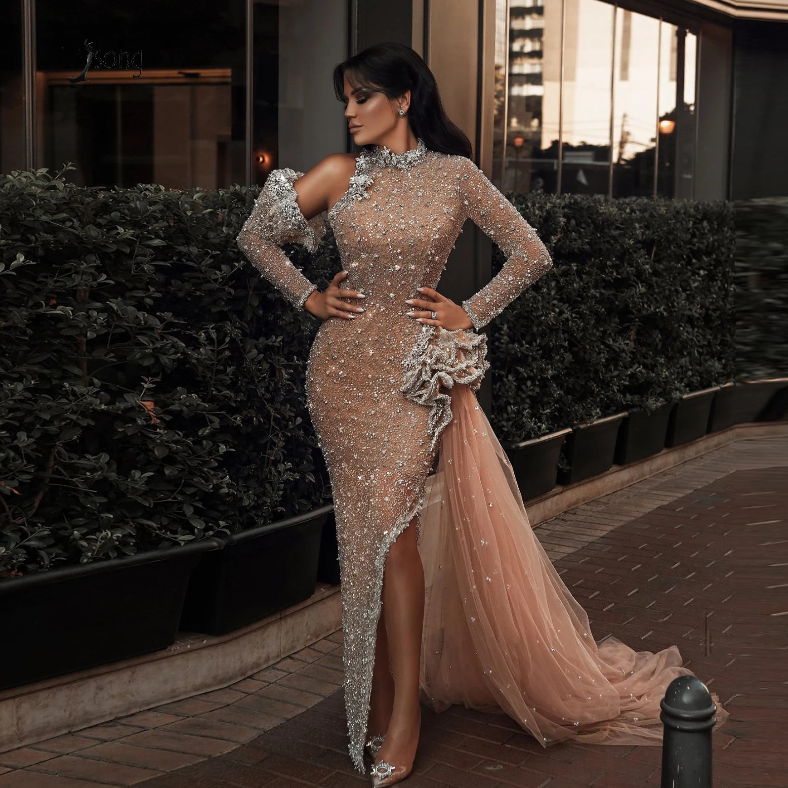 Sparkle Champagne Beaded Mermaid Prom Dresses Full Sleeves Crystal Flower Long Formal Dress To Engagement Split Prom Gowns
Sparkle Champagne Beaded Mermaid Prom Dresses Full Sleeves Crystal Flower Long Formal Dress To Engagement Split Prom Gowns