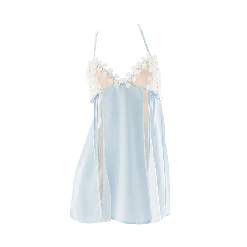 Women Sexy Perspective Imitation Satin Nightgown Cosplay Girls Halter Dress Lace Nets Yarn Lovely Pink Blue Underwear Set
Women Sexy Perspective Imitation Satin Nightgown Cosplay Girls Halter Dress Lace Nets Yarn Lovely Pink Blue Underwear Set