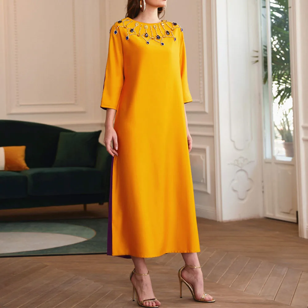 

2021 Muslim Ladies Dress Spring Summer Fashion Elegant Temperament Oversize Indie Color Contrast Splicing Beaded Round Neck