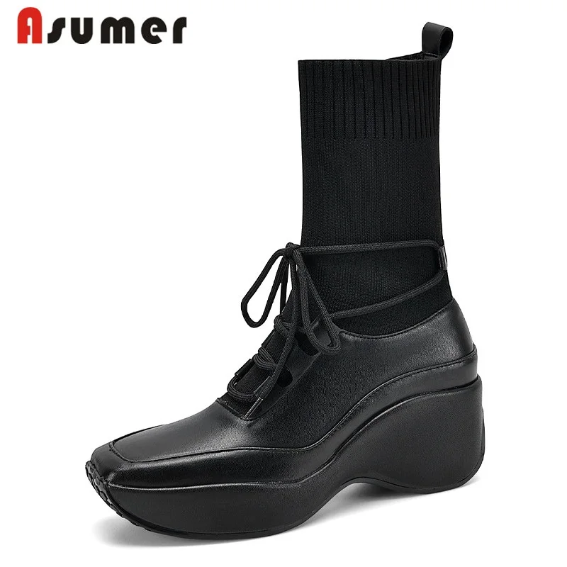 Asumer Genuine Leather Boots Hot Sale Fashion Ankle Boots Lace Up Platform Women Shoes Winter Thick Heels Hand Made Sock Boots
Asumer Genuine Leather Boots Hot Sale Fashion Ankle Boots Lace Up Platform Women Shoes Winter Thick Heels Hand Made Sock Boots