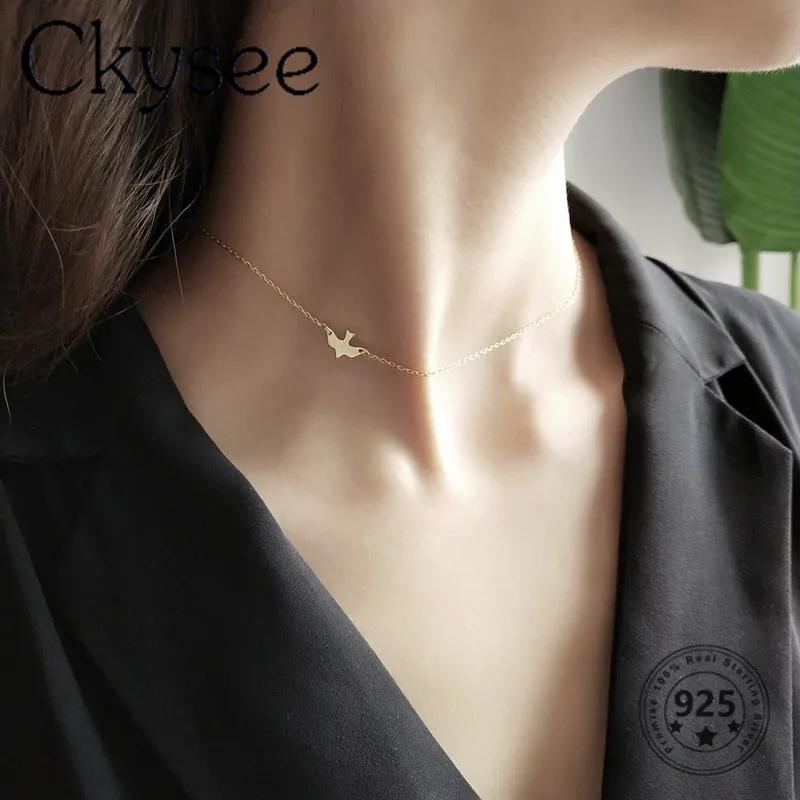 

Ckysee Design 925 Sterling Silver Necklace Golden Bird Choker Necklace For Fashion Women Girlfriend Silver 925 Jewelry Daily Gif