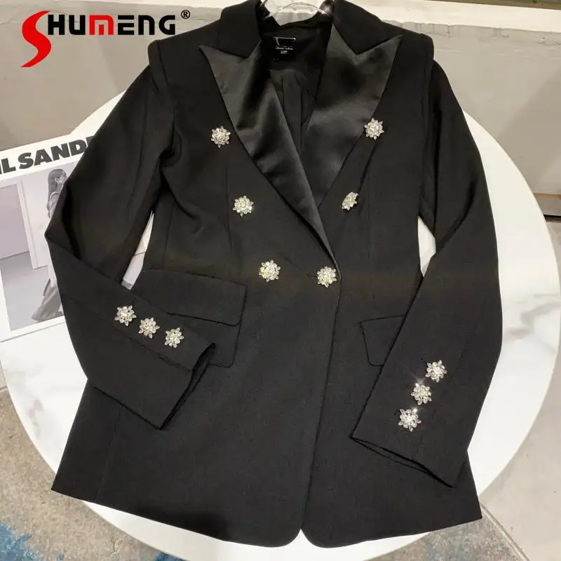 2021 Spring New Fashion Slim-Fit Satin Blazer Coat Women's Rhinestone Double Buckle Lapel Suit Jacket Female Outwear
2021 Spring New Fashion Slim-Fit Satin Blazer Coat Women's Rhinestone Double Buckle Lapel Suit Jacket Female Outwear