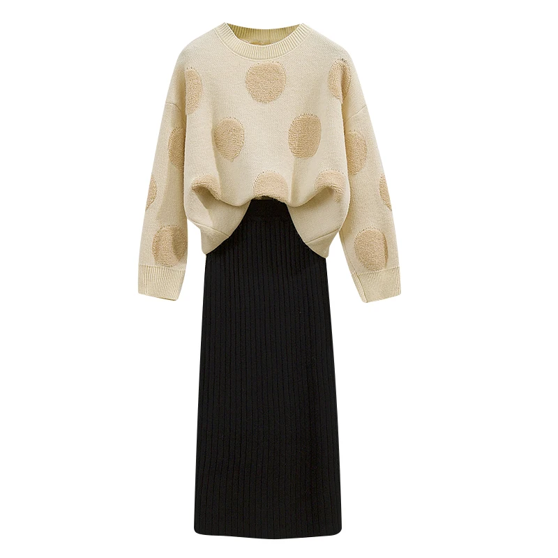 Autumn Winter Loose Pullover Dot Sweater Suits New Knitting Coat & Black Bodycon Skirt Of Tall Waist Two-Piece Outfit
Autumn Winter Loose Pullover Dot Sweater Suits New Knitting Coat & Black Bodycon Skirt Of Tall Waist Two-Piece Outfit