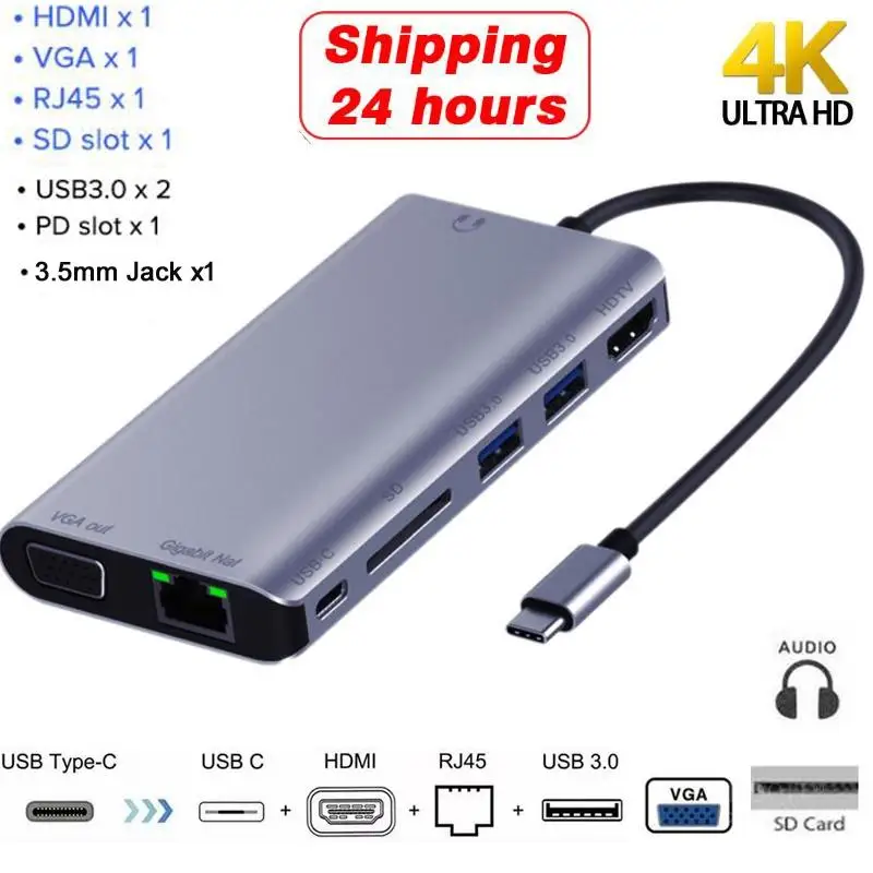 8 In 1 Type-C To HDMI VGA RJ45 SD Card Reader 3.5mm Jack 2x USB 3.0 Type C PD Hub for MacBook Pro Samsung Galaxy S8 USB C hub
8 In 1 Type-C To HDMI VGA RJ45 SD Card Reader 3.5mm Jack 2x USB 3.0 Type C PD Hub for MacBook Pro Samsung Galaxy S8 USB C hub