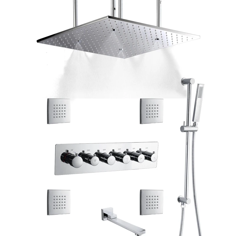 

Chrome Polished Thermostatic Shower Mixer Set 50x50 Cm LED Bathroom Atomizing Rainfall Showers Combo Set With Handheld