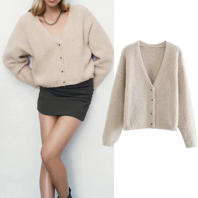 

YMQL Za Woman Cardigan Sweater 2021 Autumn Fashion Button-up V Neck Cardigans Coat Vintage Long Sleeve Winter Sweaters Women
