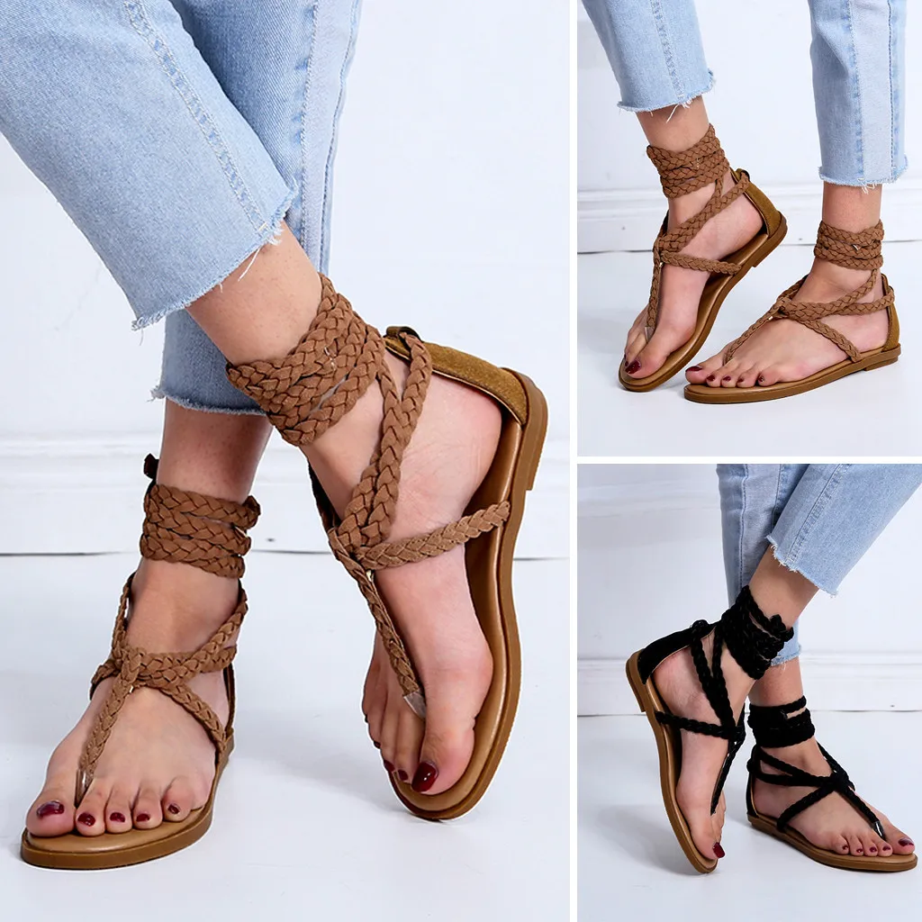 Women's summer woven ankle flat sandals Roman shoes solid color not tied with a woven thong sandals 2020
Women's summer woven ankle flat sandals Roman shoes solid color not tied with a woven thong sandals 2020