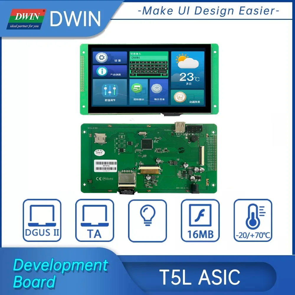 7-дюймовый дисплей DWIN 1024*600 EKT070C T5L2, оценочная плата с выводами, мультиплексный интерфейс
7-дюймовый дисплей DWIN 1024*600 EKT070C T5L2, оценочная плата с выводами, мультиплексный интерфейс