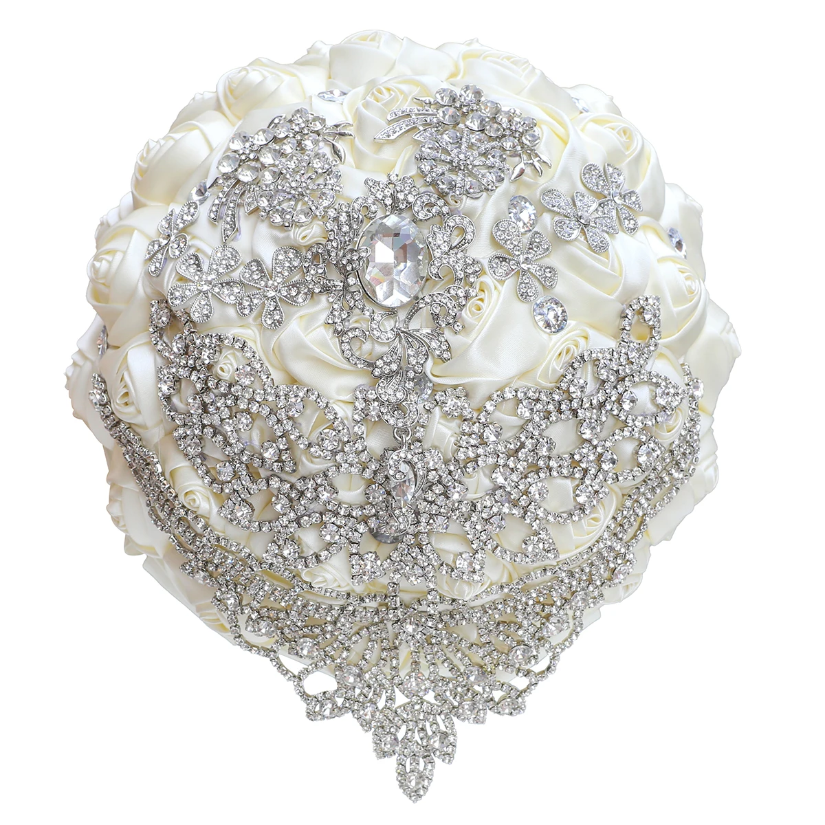 

Silver Rhinestone Brooch Wedding Bouquet for Bride Bridesmaid High Quality Ribbon Flowers Many Size and Colors W300K