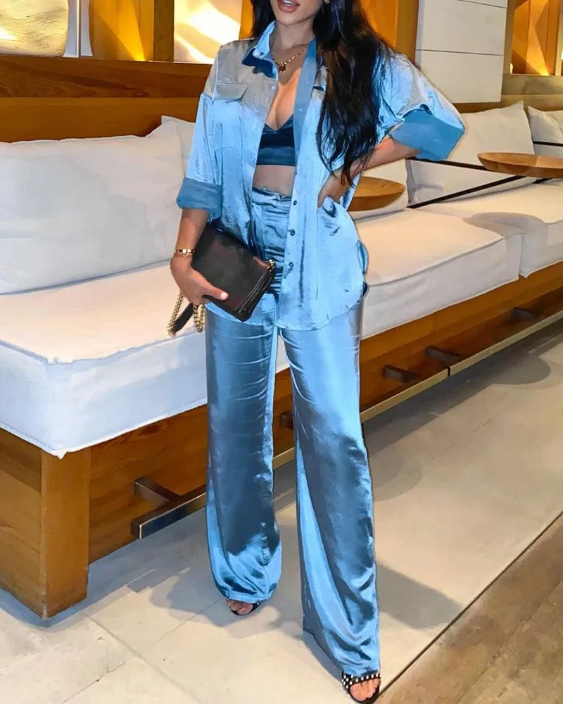 Ladies Women's Spring and Autumn Long-sleeved Casual Female Satin Long Sleeve Shirt & Pocket Design Pants Set two pieces set
Ladies Women's Spring and Autumn Long-sleeved Casual Female Satin Long Sleeve Shirt & Pocket Design Pants Set two pieces set