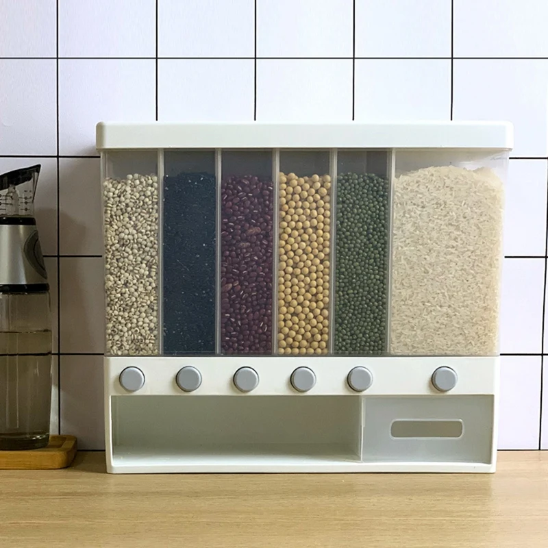 10KG Wall Mounted Divided Rice and Cereal Dispenser 6 Moisture Proof Plastic Automatic Racks Sealed Food Storage Box
10KG Wall Mounted Divided Rice and Cereal Dispenser 6 Moisture Proof Plastic Automatic Racks Sealed Food Storage Box