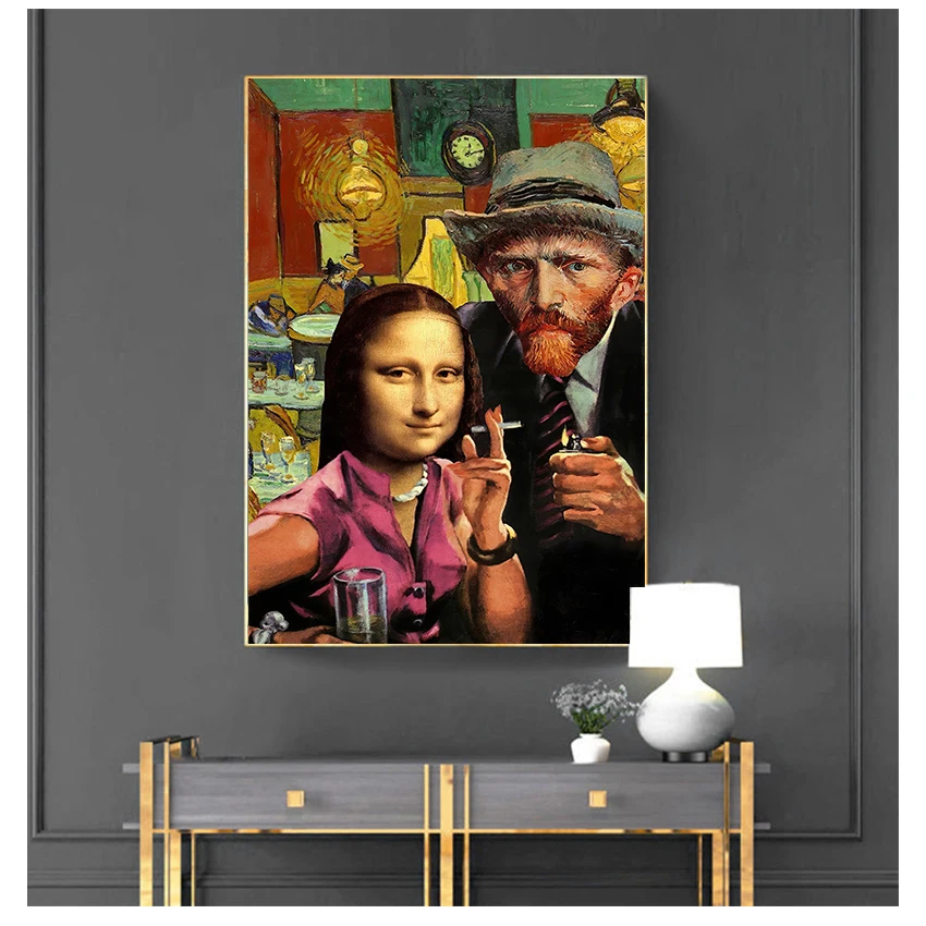 

Smoking Canvas Paintings Wall Art Posters and Prints Da Vinci Famous Paintings for Living Room Funny Art Mona Lisa and Van Gogh