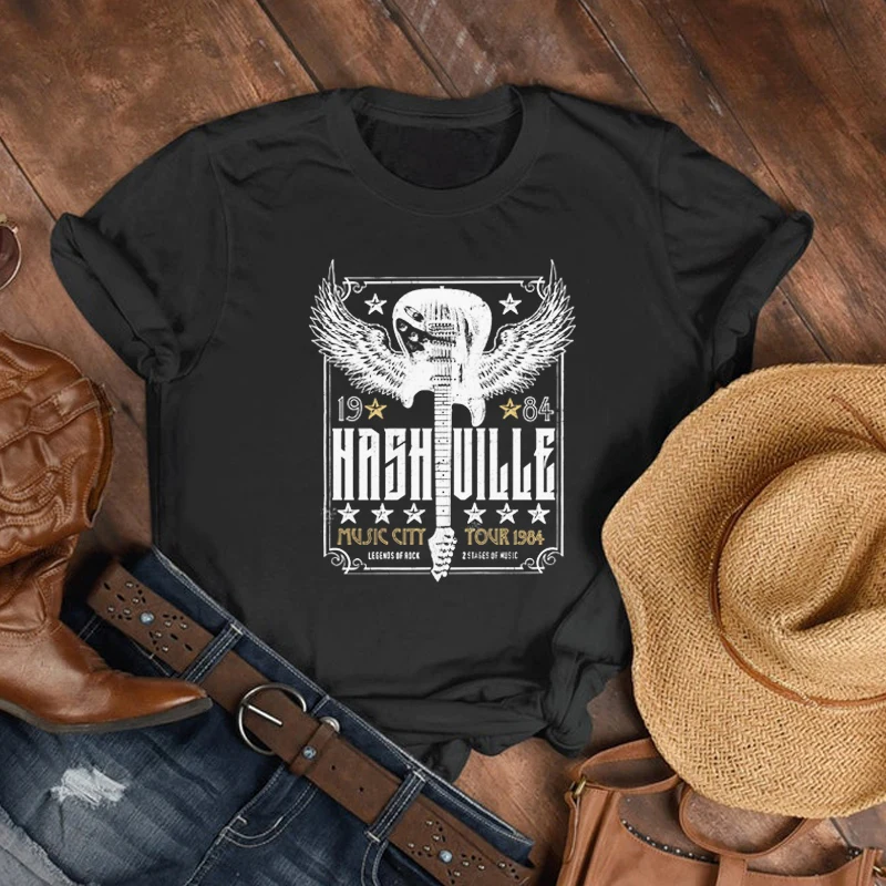 Футболка Nashville с принтом гитары хлопковая свободная винтажная женская футболка в