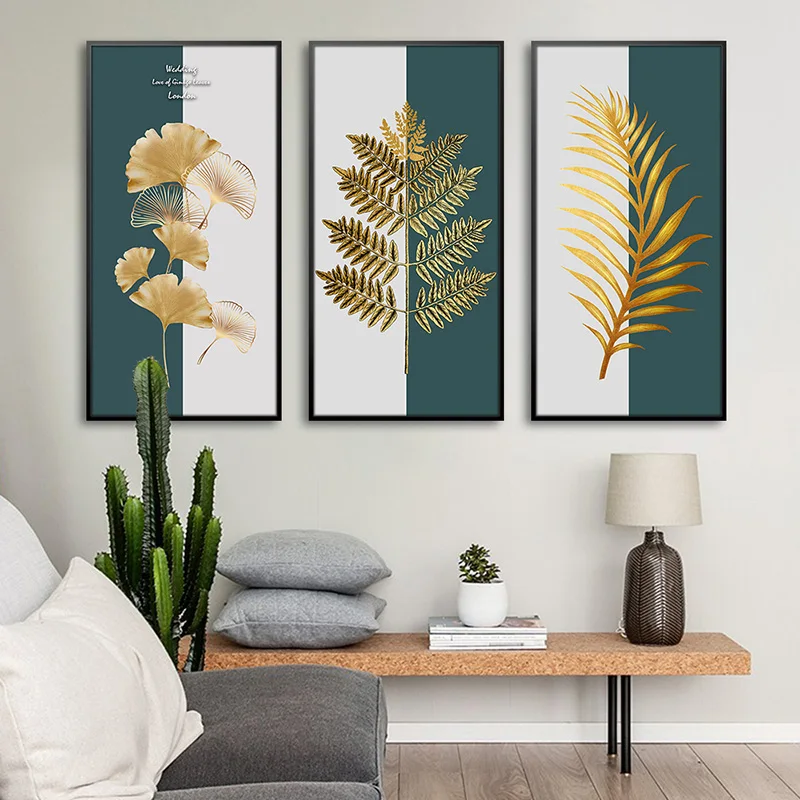 Современный стиль для прихожей, гостиной, уникальное украшение, абстрактные Золотые листья растений, печать на холсте, картина, постер, настенное искусство