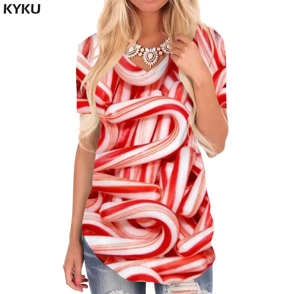 Женская футболка с принтом мороженого KYKU разноцветная свободная V-образным