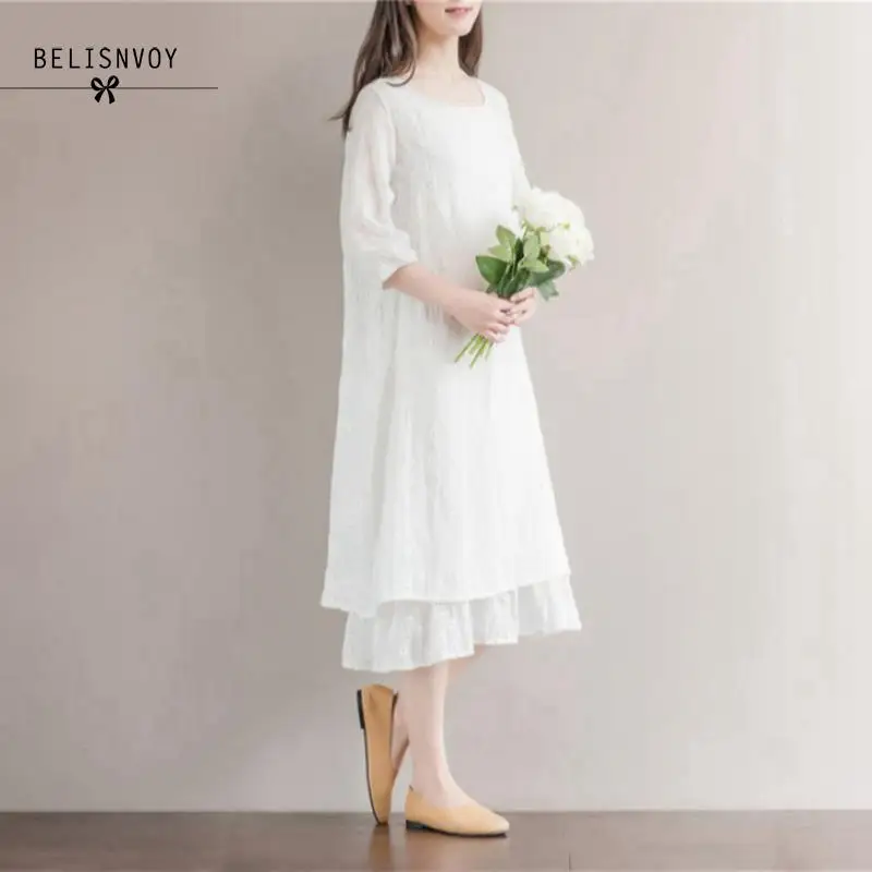 Spring Summer Floral Printed Cotton Linen Dress Women Half Sleeve Round Neck Fake Two Piece Vintage Embroidery Dress Female
Spring Summer Floral Printed Cotton Linen Dress Women Half Sleeve Round Neck Fake Two Piece Vintage Embroidery Dress Female