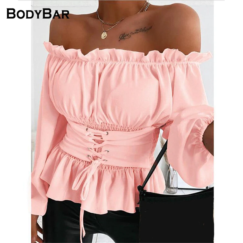 Sexy One-neck Corset Shirt Pink Off-the-shoulder Top Spring Long-sleeved Tie Blouse For Ladies 2021 Elegant Backless Tops Blusa
Sexy One-neck Corset Shirt Pink Off-the-shoulder Top Spring Long-sleeved Tie Blouse For Ladies 2021 Elegant Backless Tops Blusa