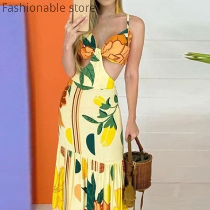 Bohemian Style Women V-Neck Sleeveless Big Swing Dress Floral Print Hollow Spaghetti Strap Maxi Dresses for Beach Vacation
Bohemian Style Women V-Neck Sleeveless Big Swing Dress Floral Print Hollow Spaghetti Strap Maxi Dresses for Beach Vacation