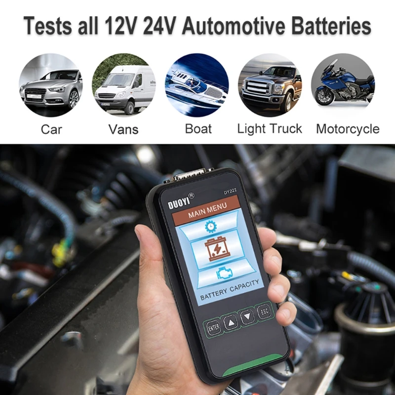 Car Battery Capacity Internal Resistance Test 12V24V Battery Analyzer 2000CCA Cranking Charging Test Detector DY222
Car Battery Capacity Internal Resistance Test 12V24V Battery Analyzer 2000CCA Cranking Charging Test Detector DY222