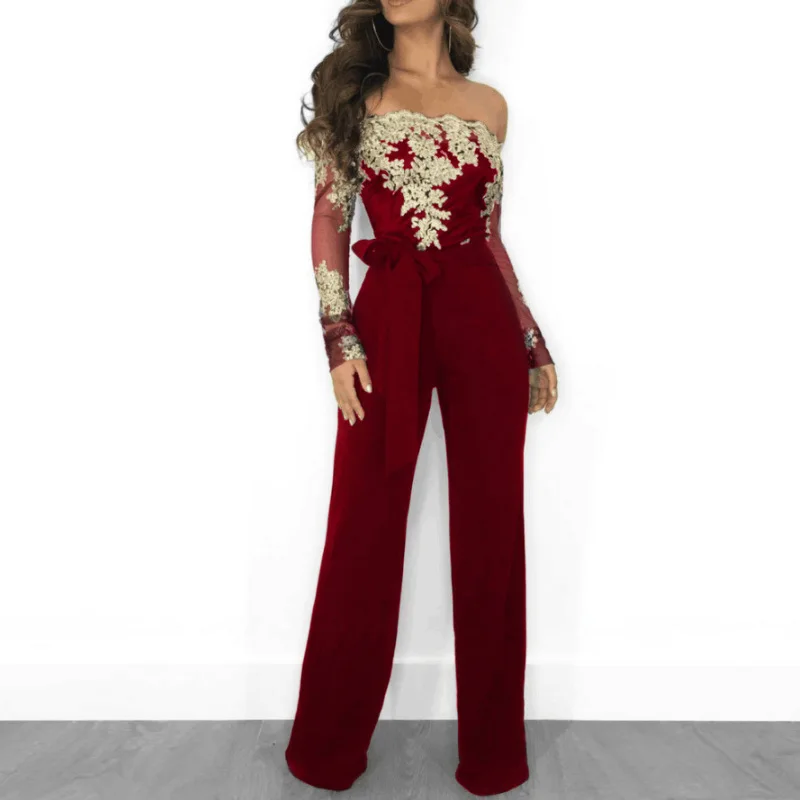 Women Overalls Jumpsuit Autumn Lace Tulle Off Shoulder Slash Neck Gold Embroidery Waistbelt Elegant Femme Office Casual Clothing
Women Overalls Jumpsuit Autumn Lace Tulle Off Shoulder Slash Neck Gold Embroidery Waistbelt Elegant Femme Office Casual Clothing
